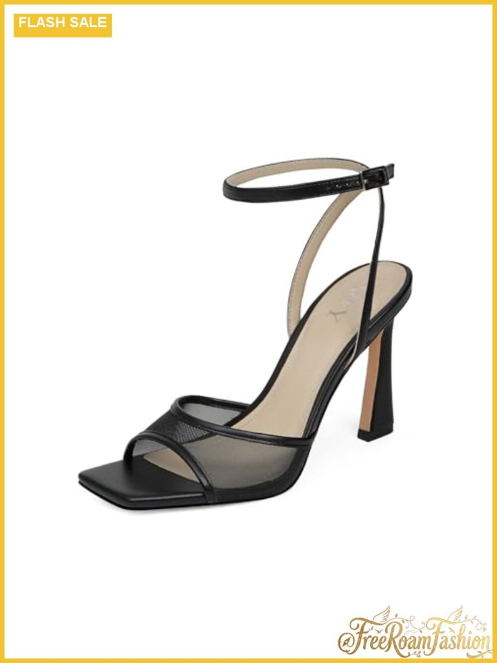 Strappy Heeled Sandals Square Toe Ankle Strap Stiletto Mesh Dress Shoes